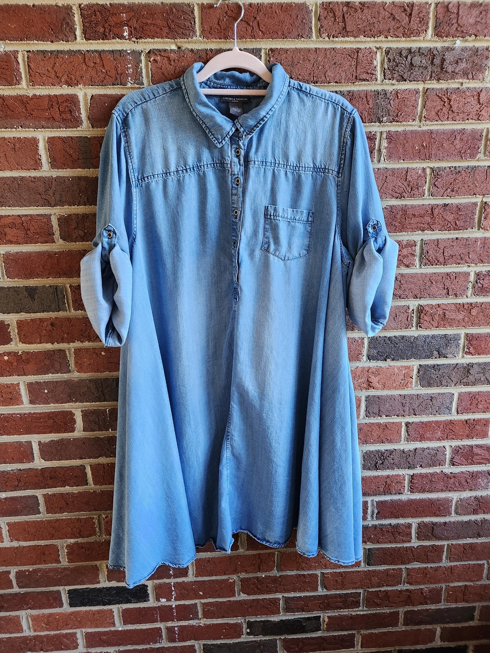 Denim Shirt Dress Swing Style Lightweight Fabric Side Pockets 2X Roll Tab Sleeve